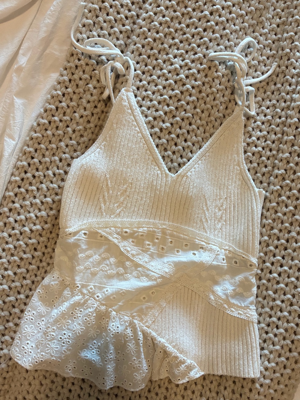 Zara Cream Eyelet & Ribbed Knit One-Piece